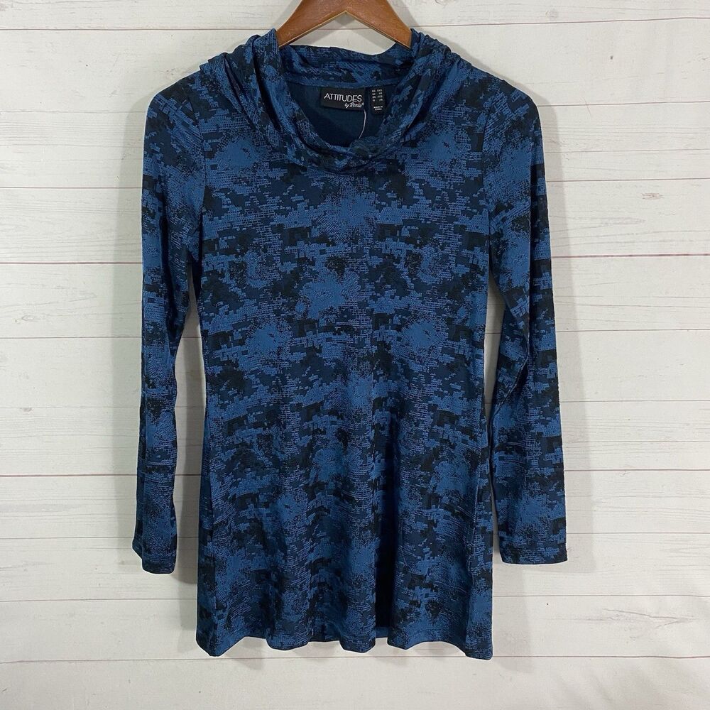Attitudes by Renee Womens Cowl Neck Tunic Top 2XS Blue Print Pullover Pockets
